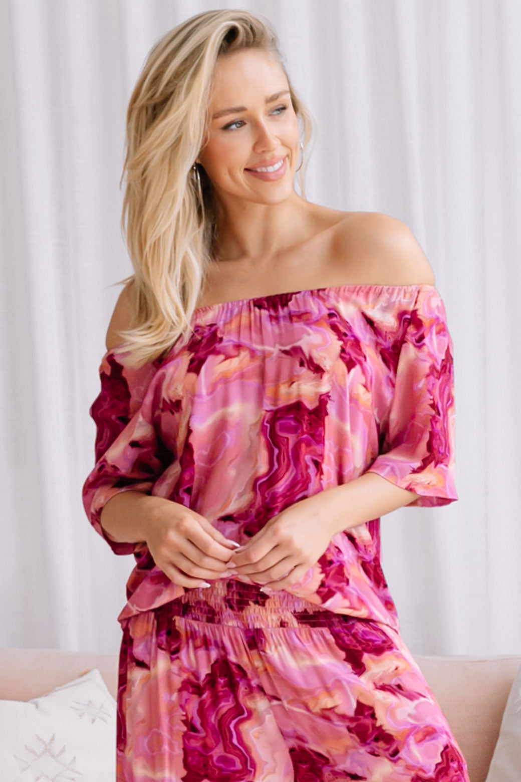 FINAL SALE Sass Remy Off Shoulder Top Berry Marble Print