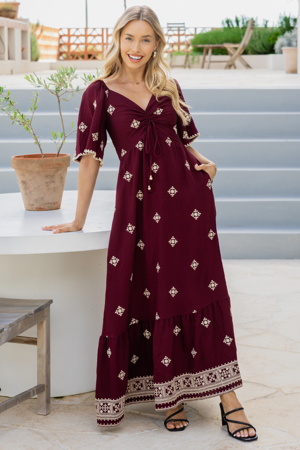 Renee Embroidered Maxi Dress Burgundy
