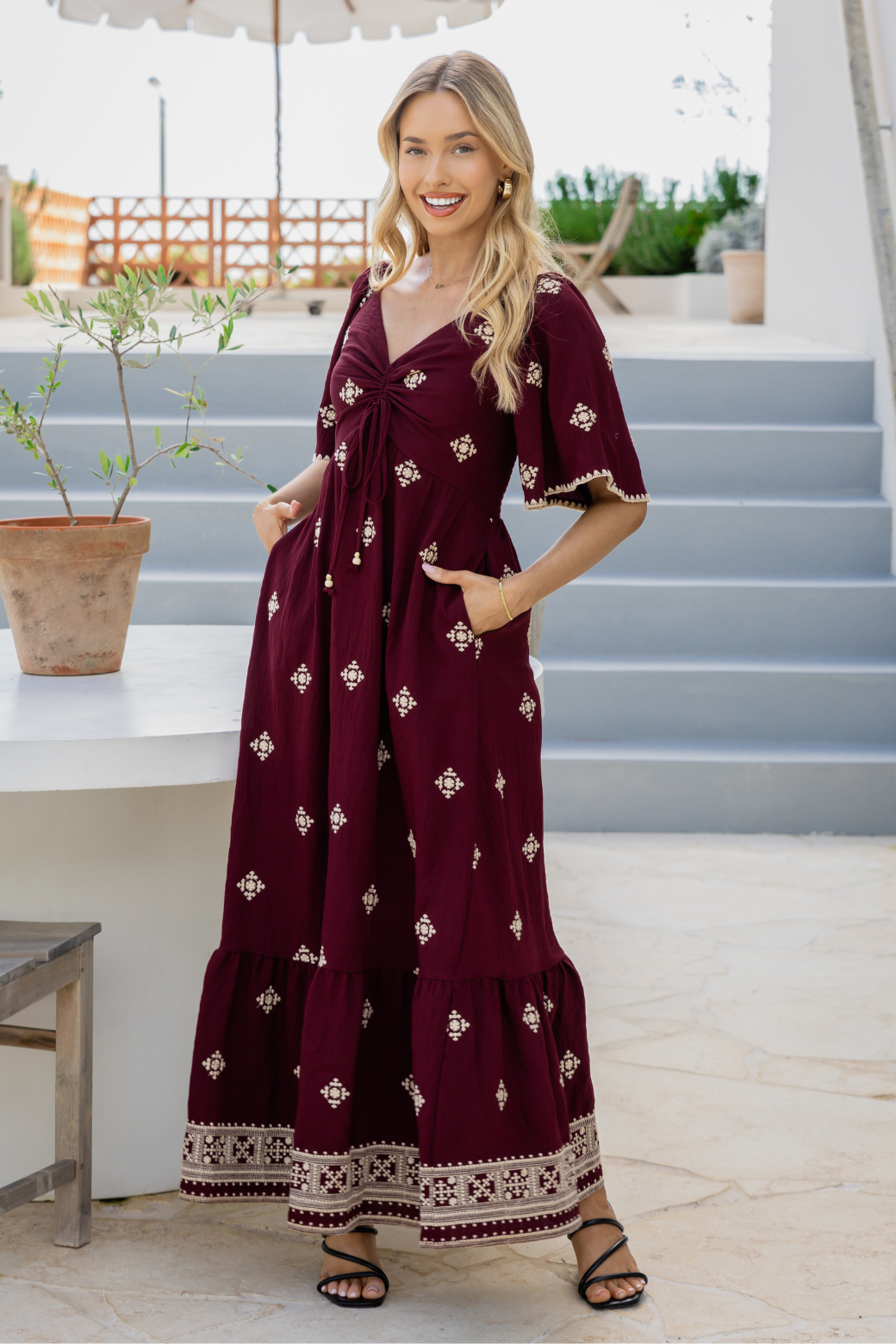 Renee Embroidered Maxi Dress Burgundy