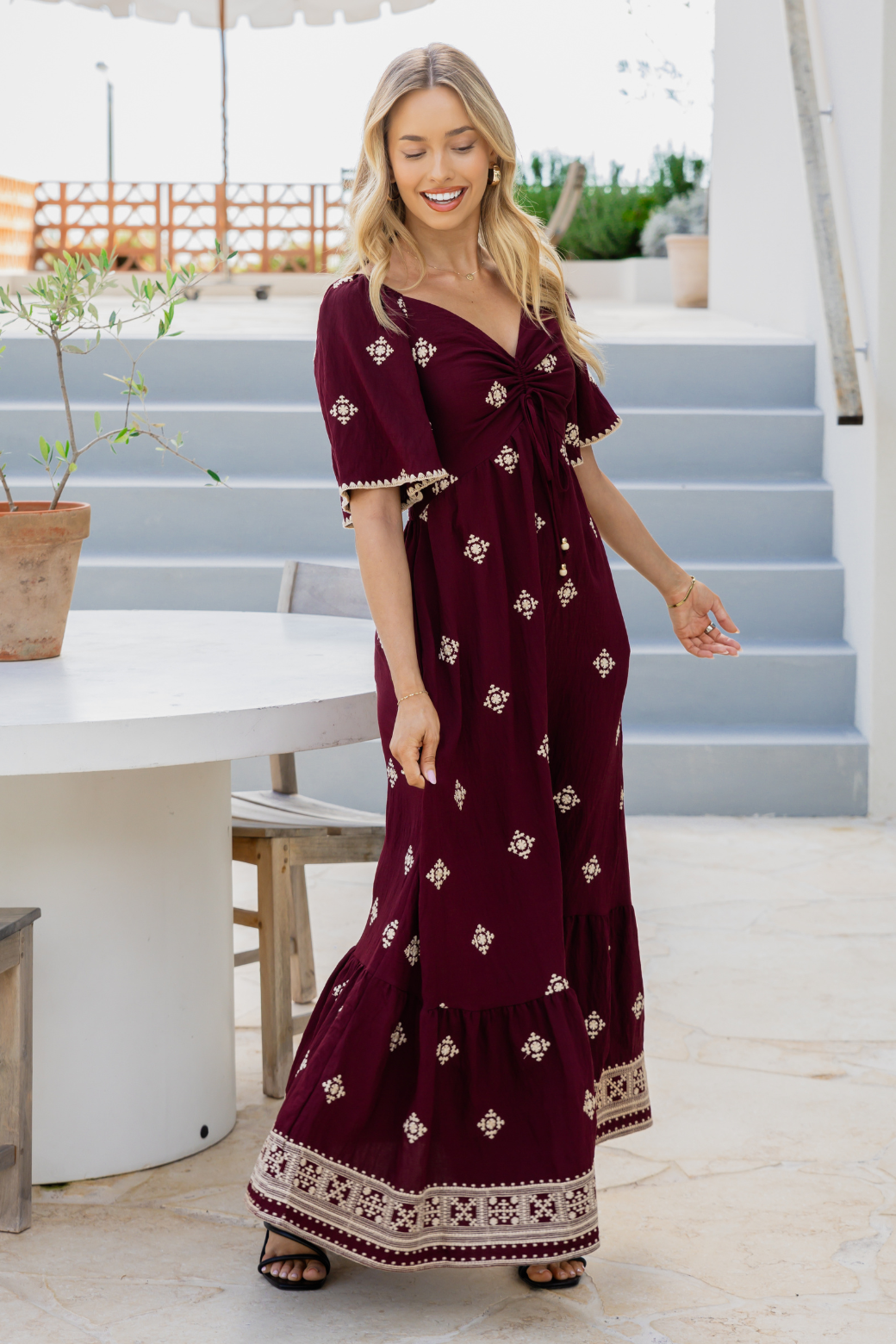 Renee Embroidered Maxi Dress Burgundy