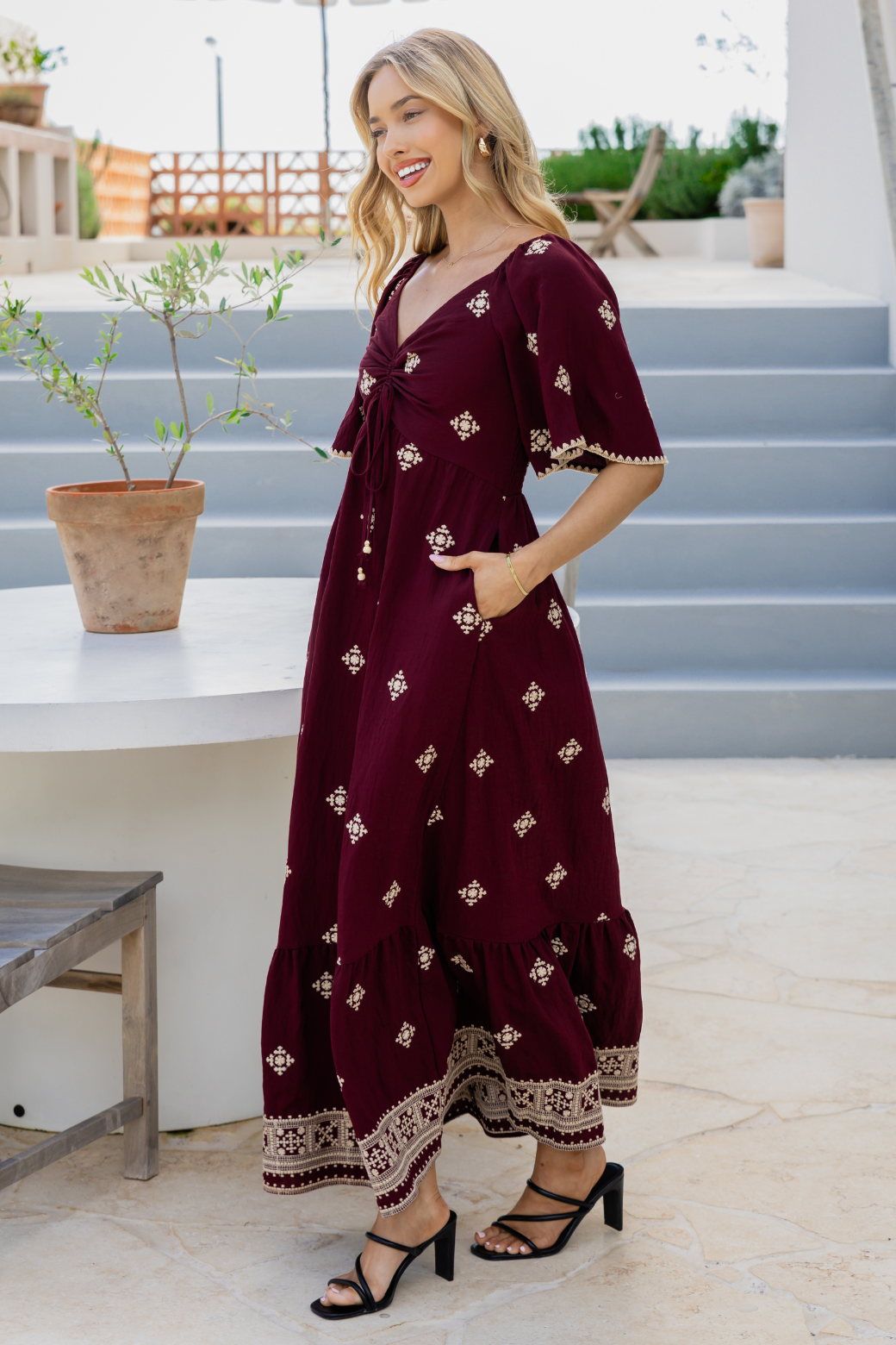 Renee Embroidered Maxi Dress Burgundy