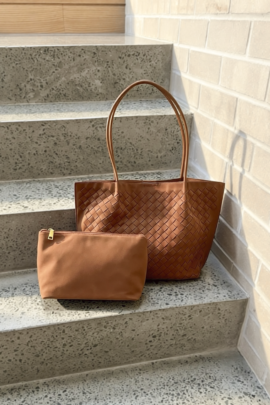 Rosa Woven Suedette Tote Bag With Cos Bag Tan