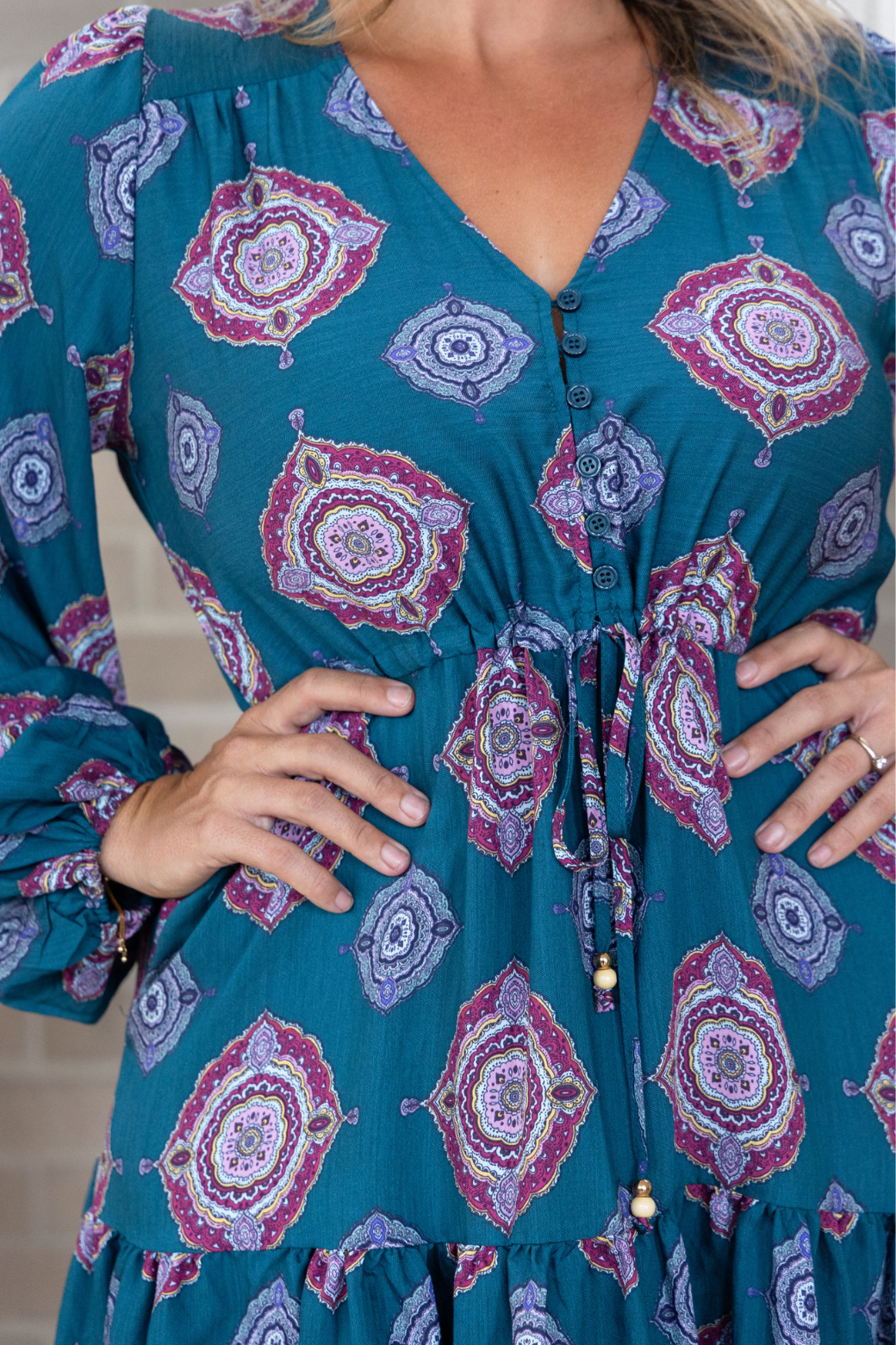 Ruby Long Sleeve Mini Dress Zara Print Teal