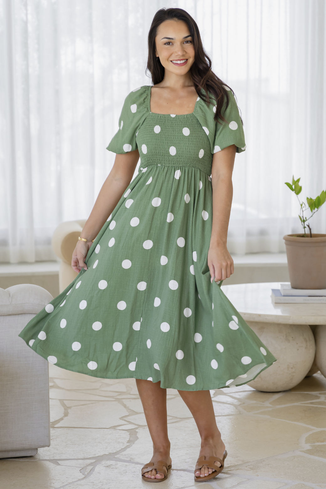 Olivia Midi Dress Sage Spot Orange Sherbet Boutique Olivia Midi Dress Sage Spot Orange Sherbet Boutique