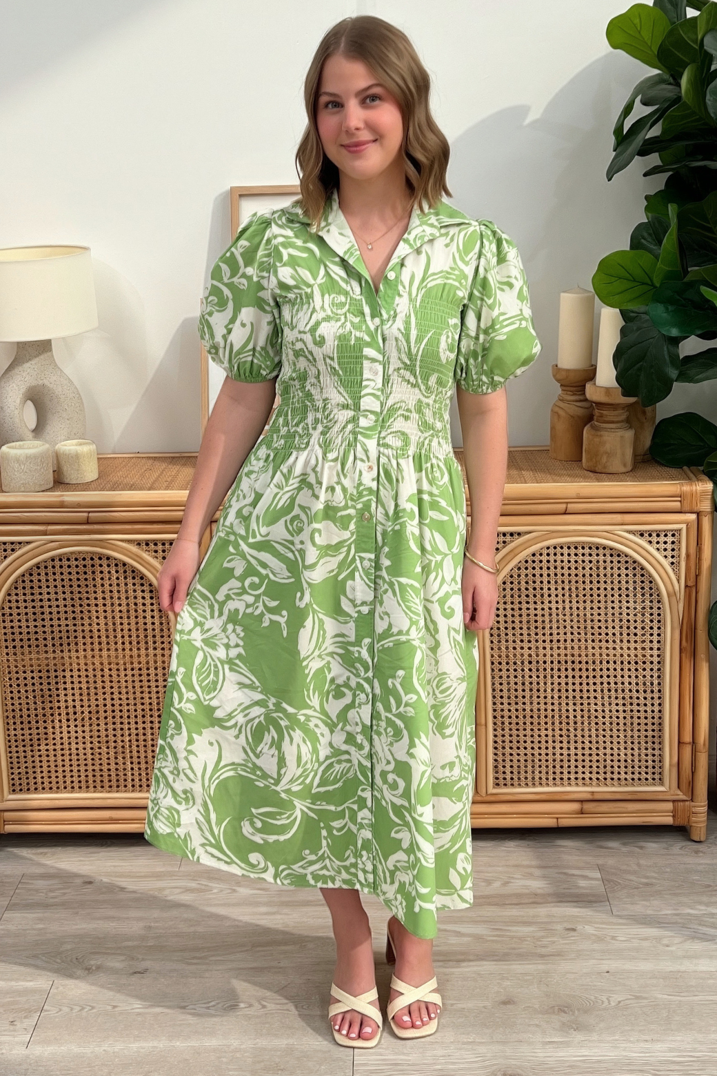 Samantha Midi Dress Jade Lime Botanical