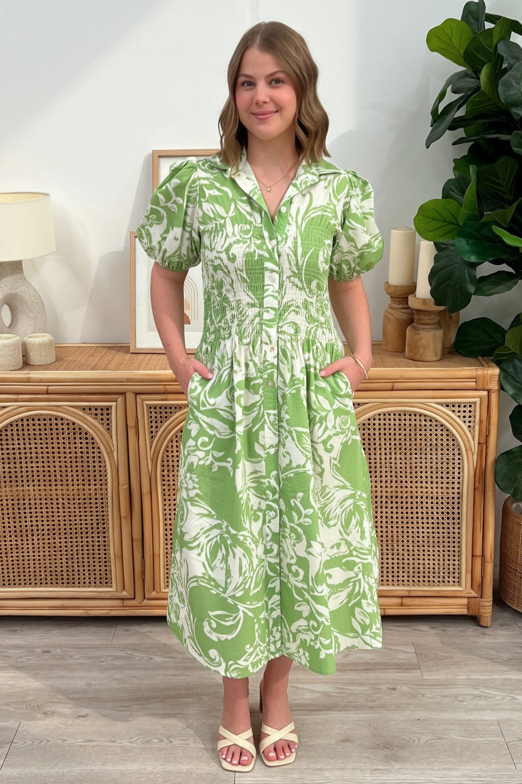 Samantha Midi Dress Jade Lime Botanical