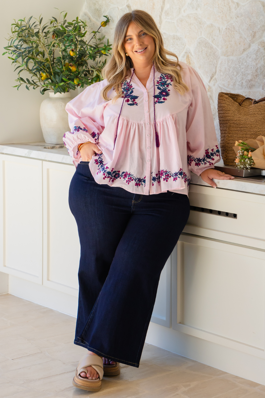 Sandra Embroidered Smock Top Pink
