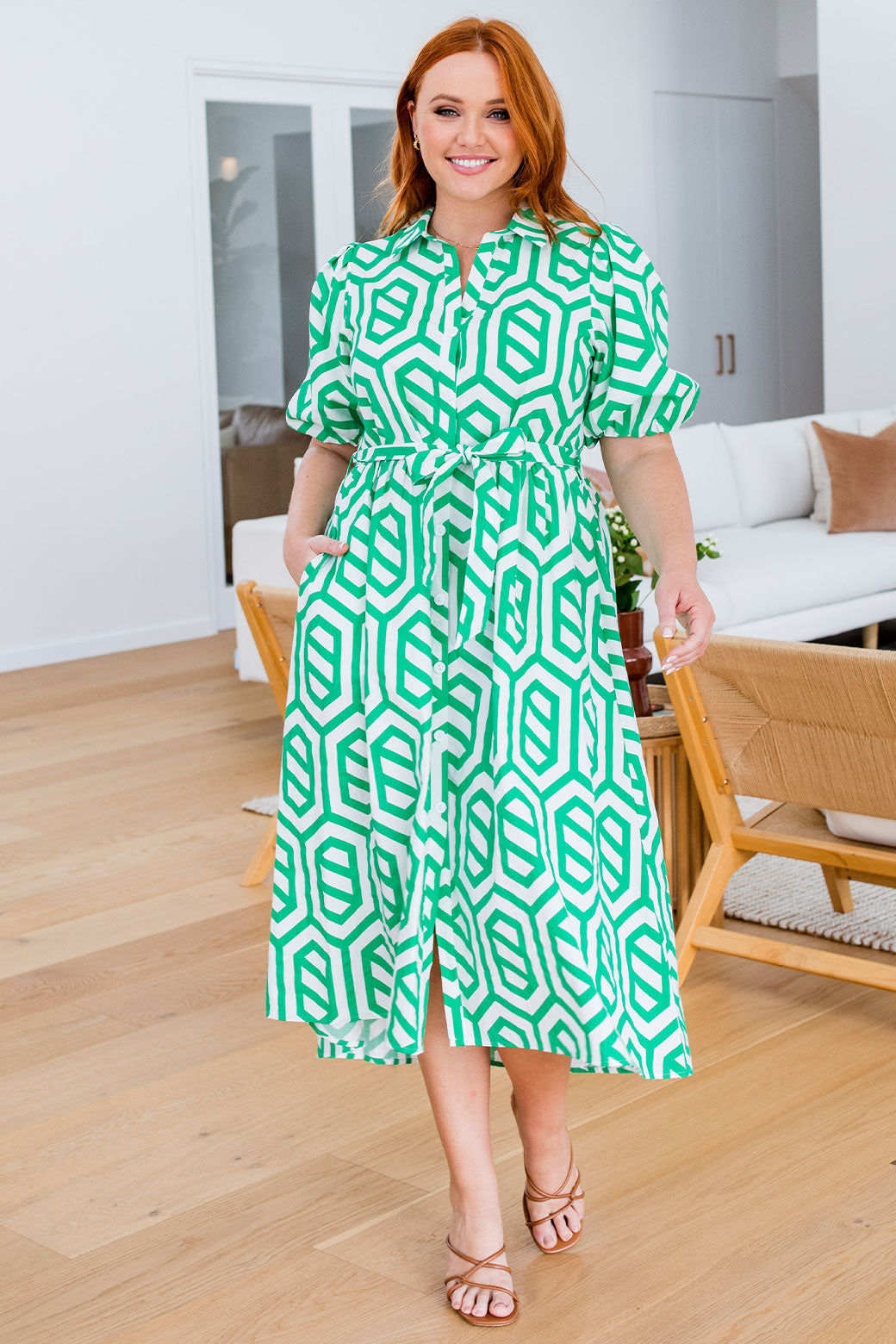 Shannon Midi Dress Green Geo Print