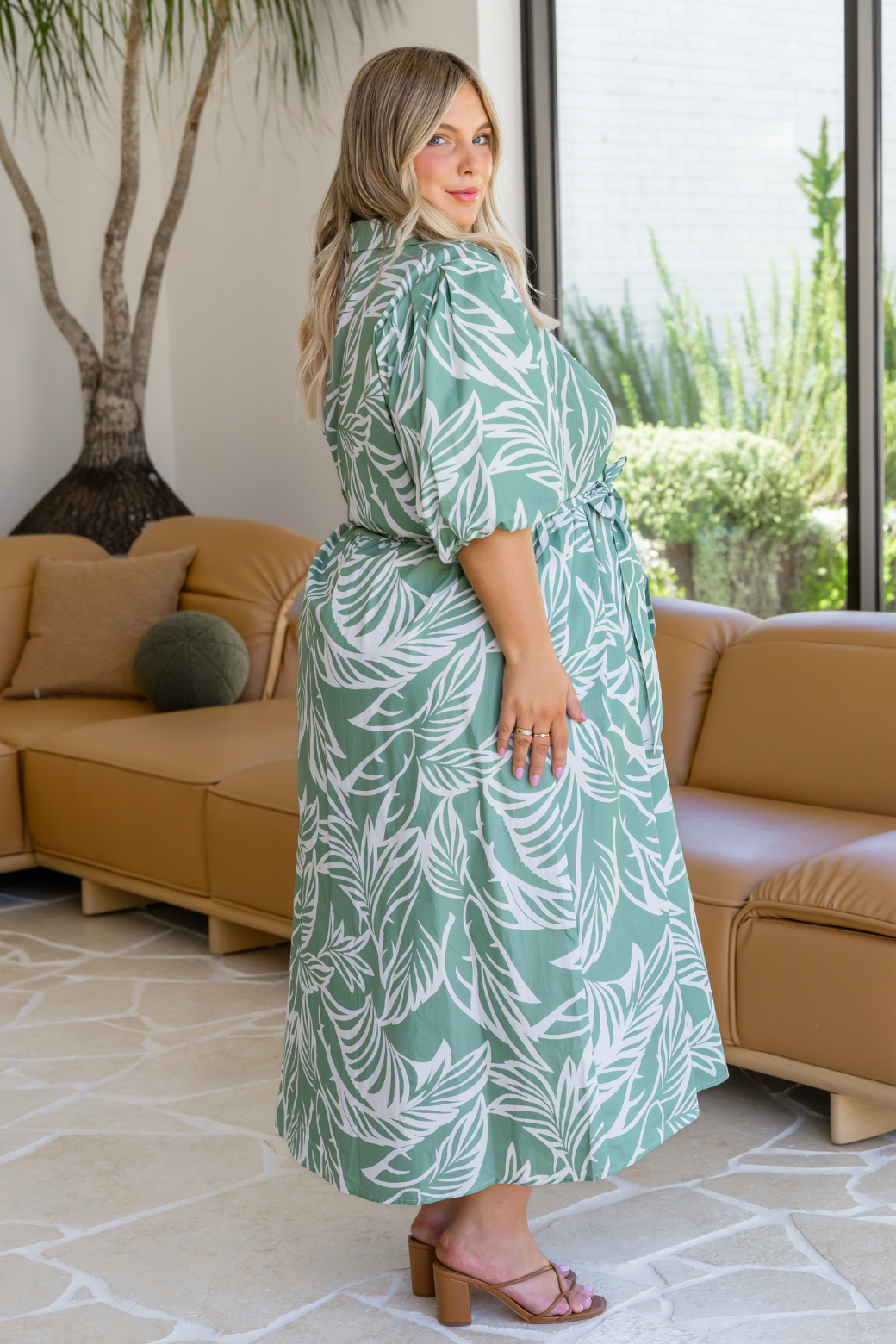 Shannon Midi Dress Leaf Print Sage