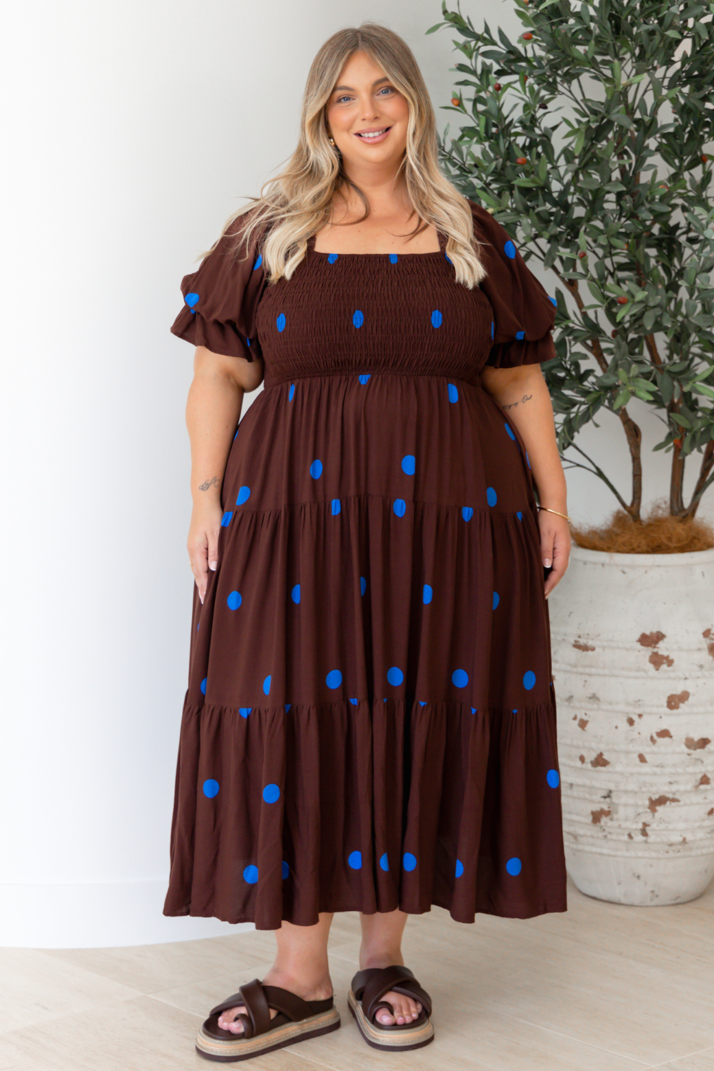 Shiloh Midi Dress Chocolate Blue Spot