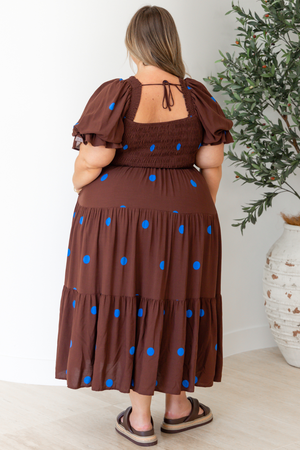 Shiloh Midi Dress Chocolate Blue Spot