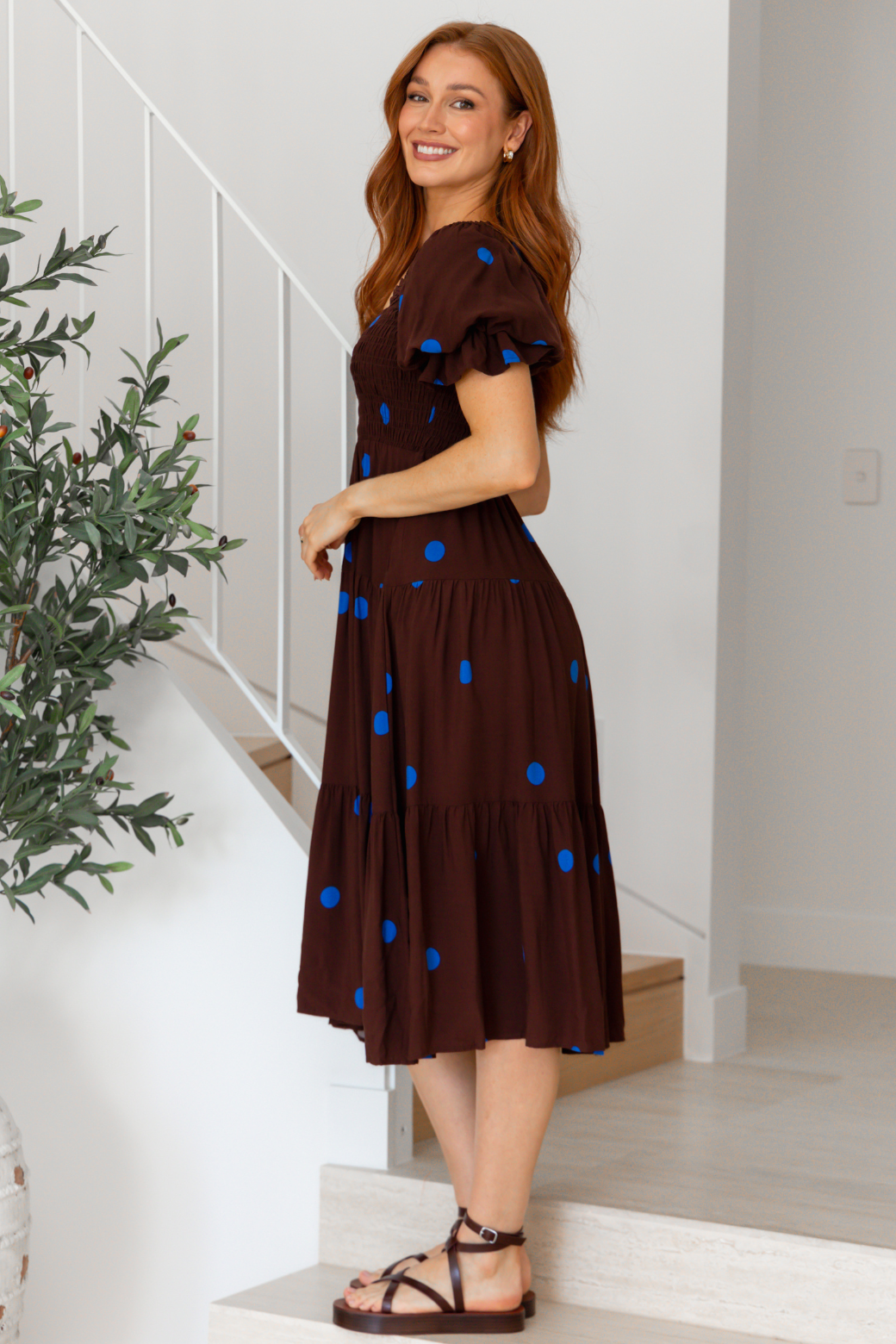 Shiloh Midi Dress Chocolate Blue Spot