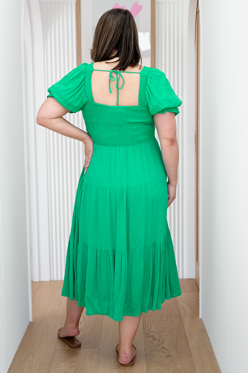 Final Sale | Shiloh Shirred Midi Dress Emerald Green Dobby