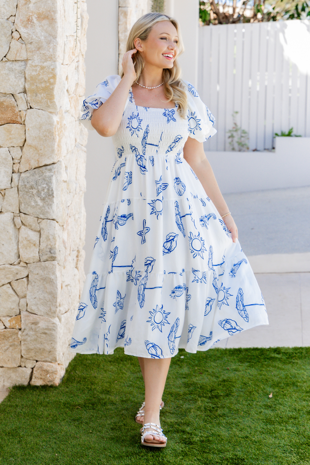 Shiloh Midi Dress Oceanside Print White