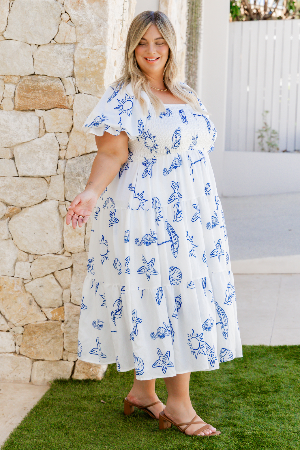 Shiloh Midi Dress Oceanside Print White