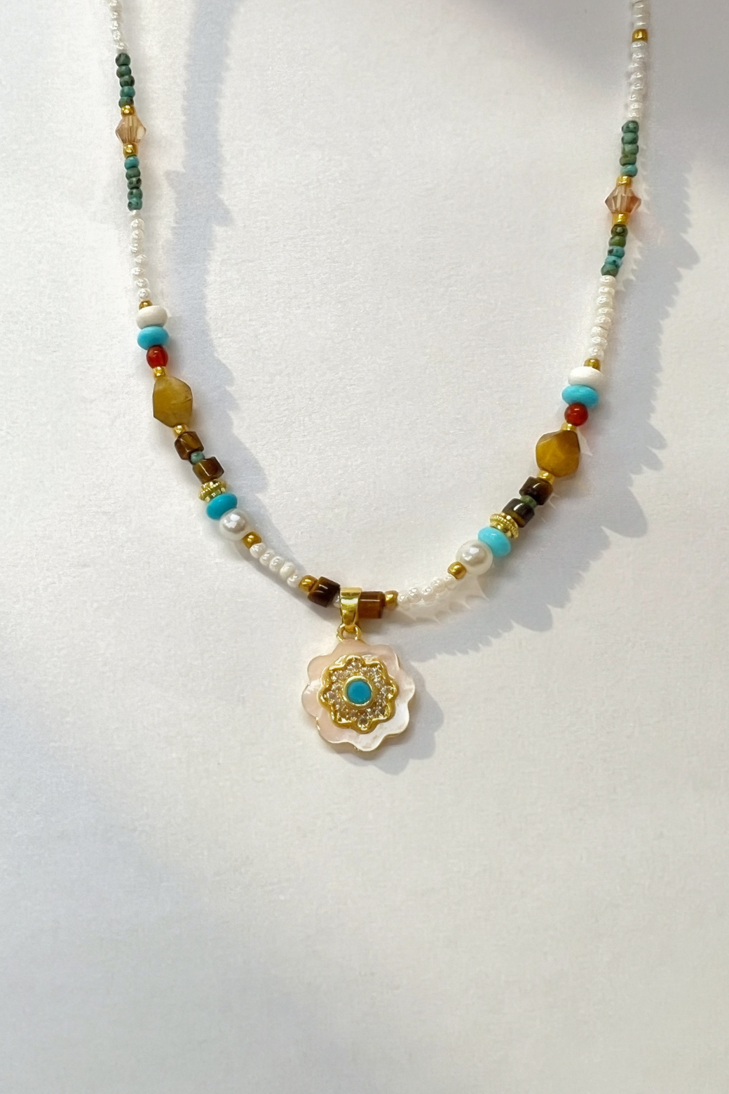 Stone Glass Beaded Flower Pendant