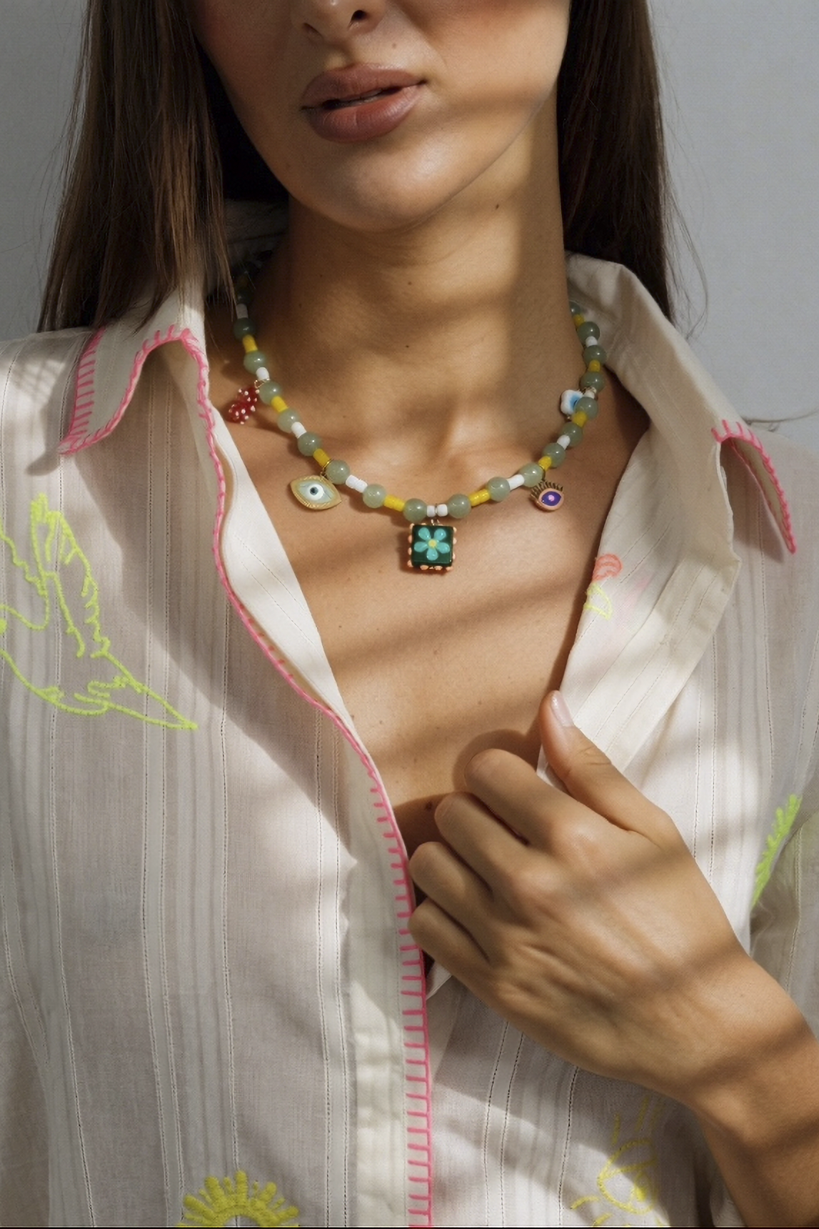 Summer Beaded Charm Necklace Green