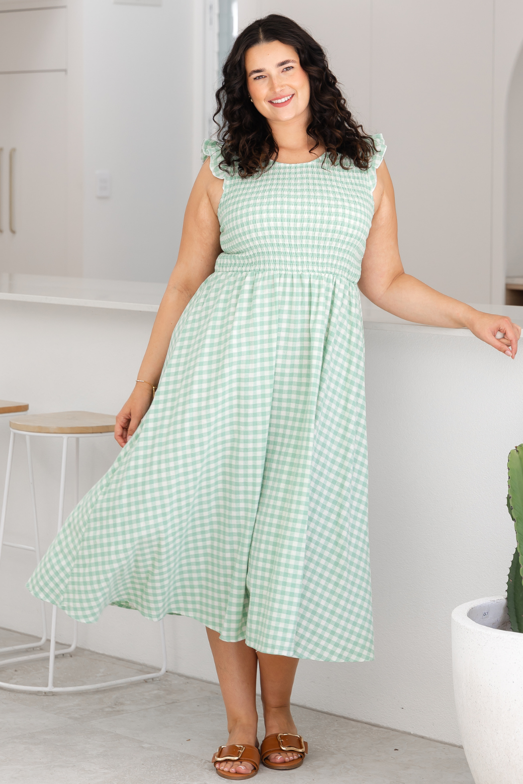 Summer Midi Dress Sage Gingham