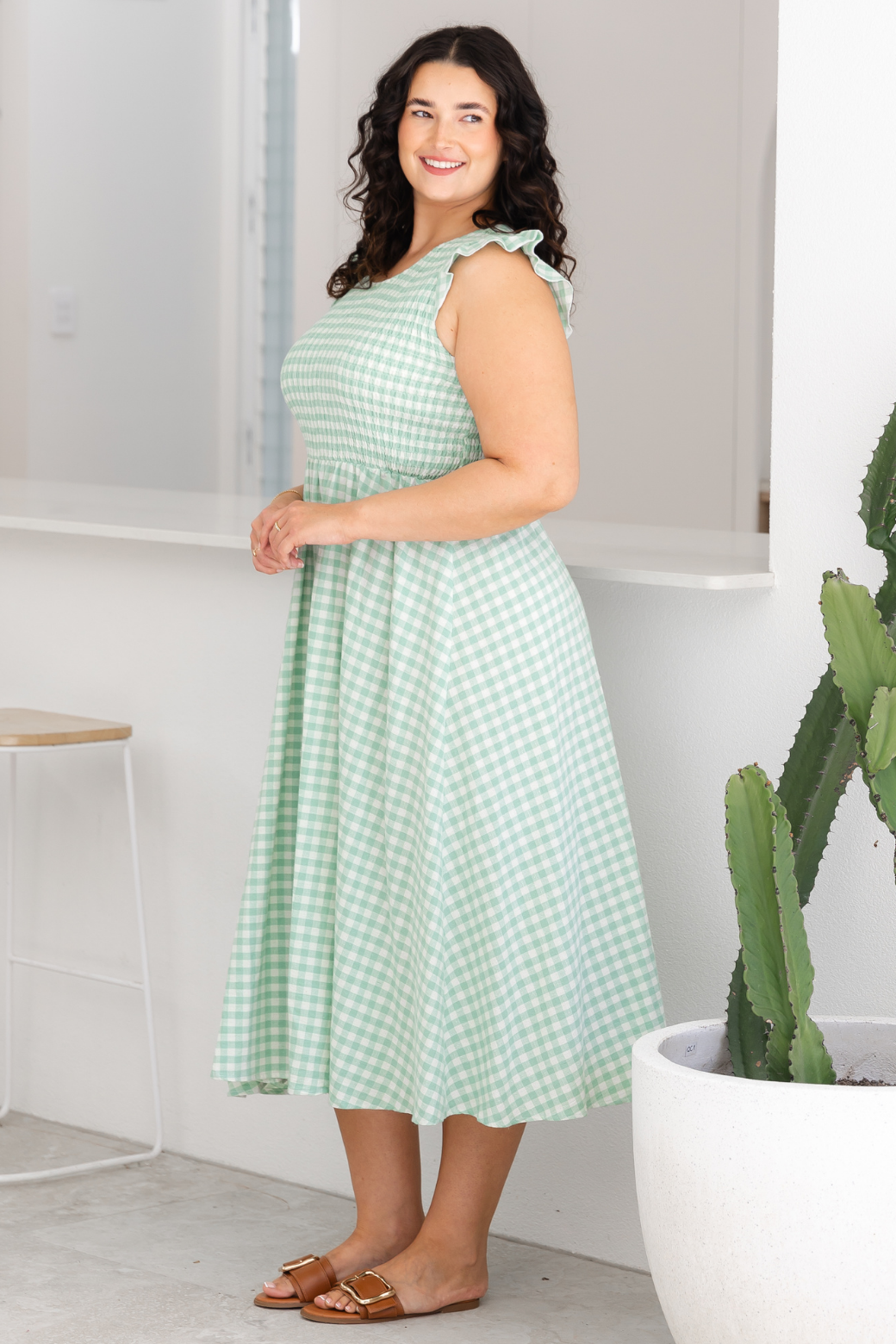 Summer Midi Dress Sage Gingham