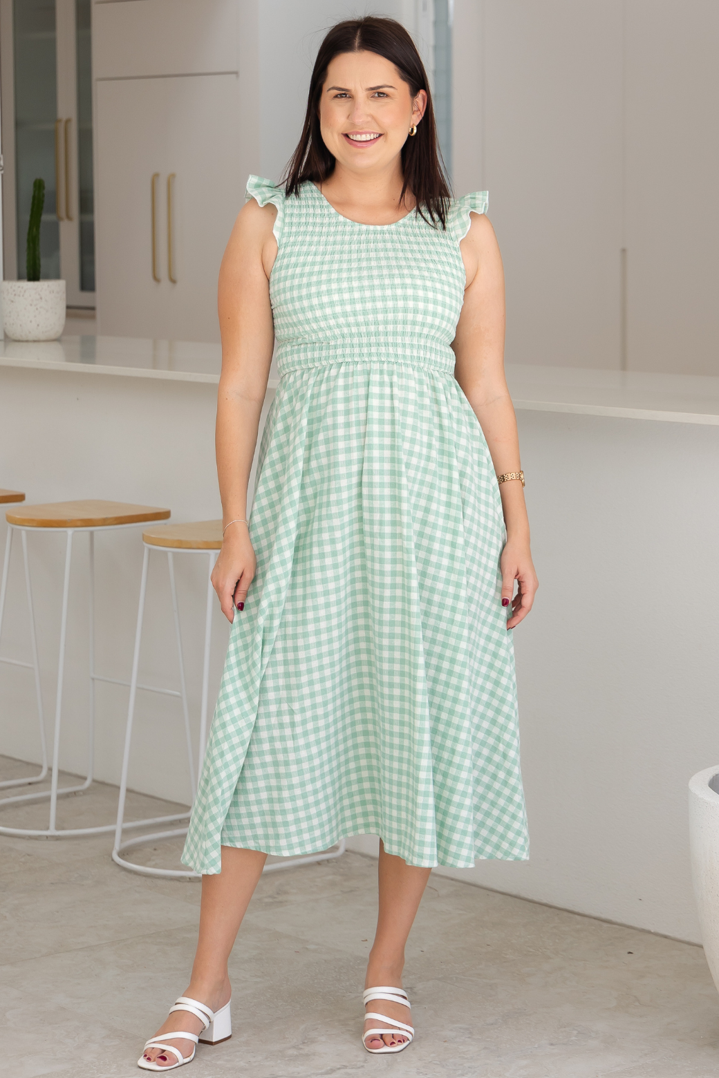 Summer Midi Dress Sage Gingham