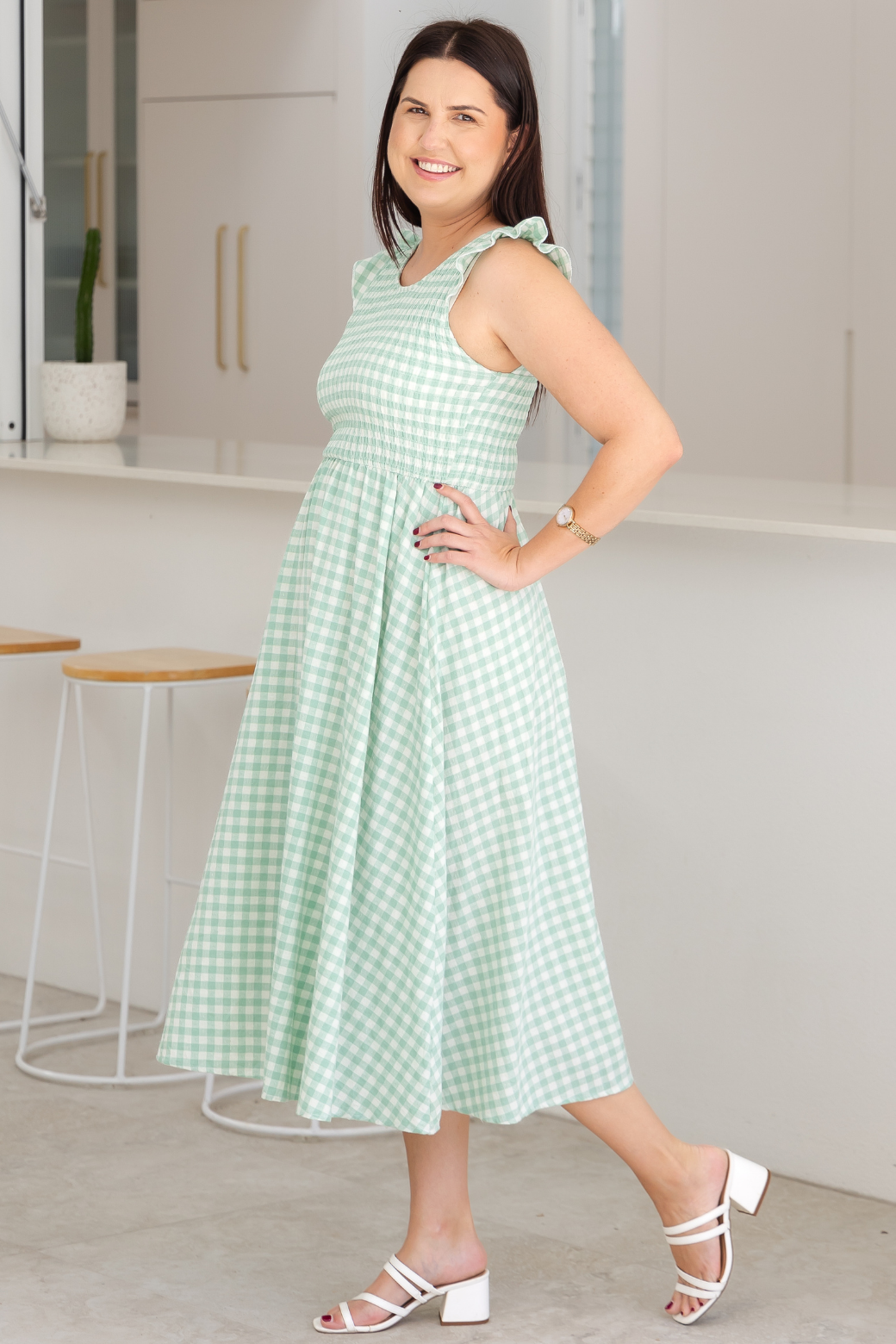 Summer Midi Dress Sage Gingham