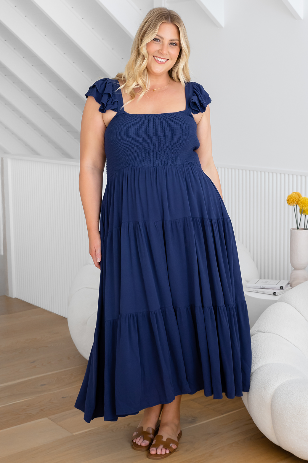 Tallulah Shirred Midi Dress Deep Blue | Orange Sherbet – Orange Sherbet ...