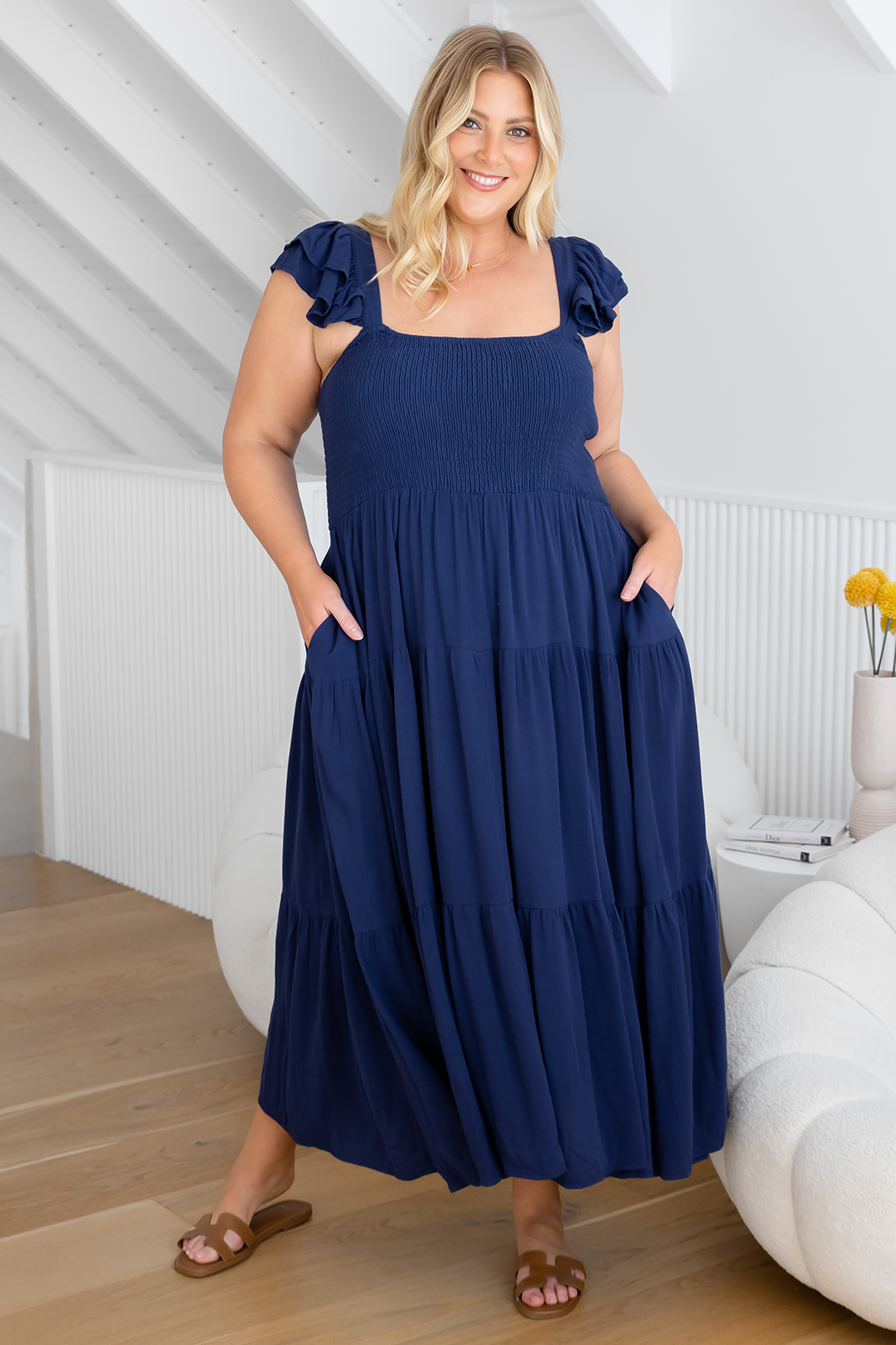 Tallulah Shirred Midi Dress Deep Blue | Orange Sherbet – Orange Sherbet ...