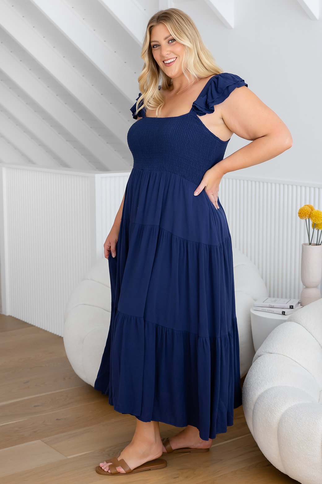 Tallulah Shirred Midi Dress Deep Blue | Orange Sherbet – Orange Sherbet ...