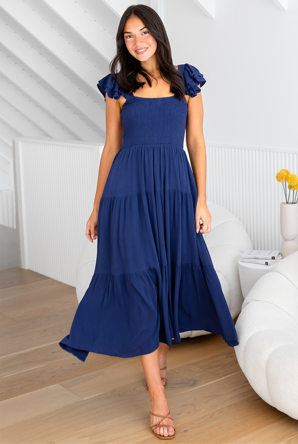 Tallulah Shirred Midi Dress Deep Blue | Orange Sherbet – Orange Sherbet ...