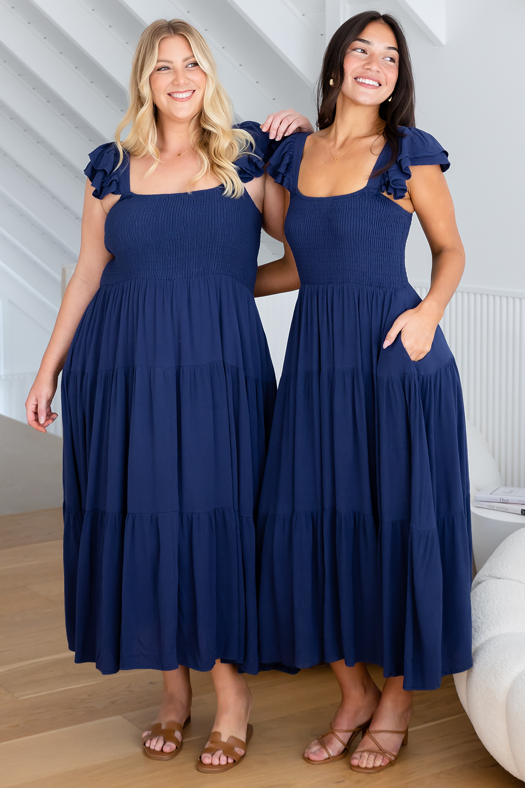 Tallulah Shirred Midi Dress Deep Blue | Orange Sherbet – Orange Sherbet ...