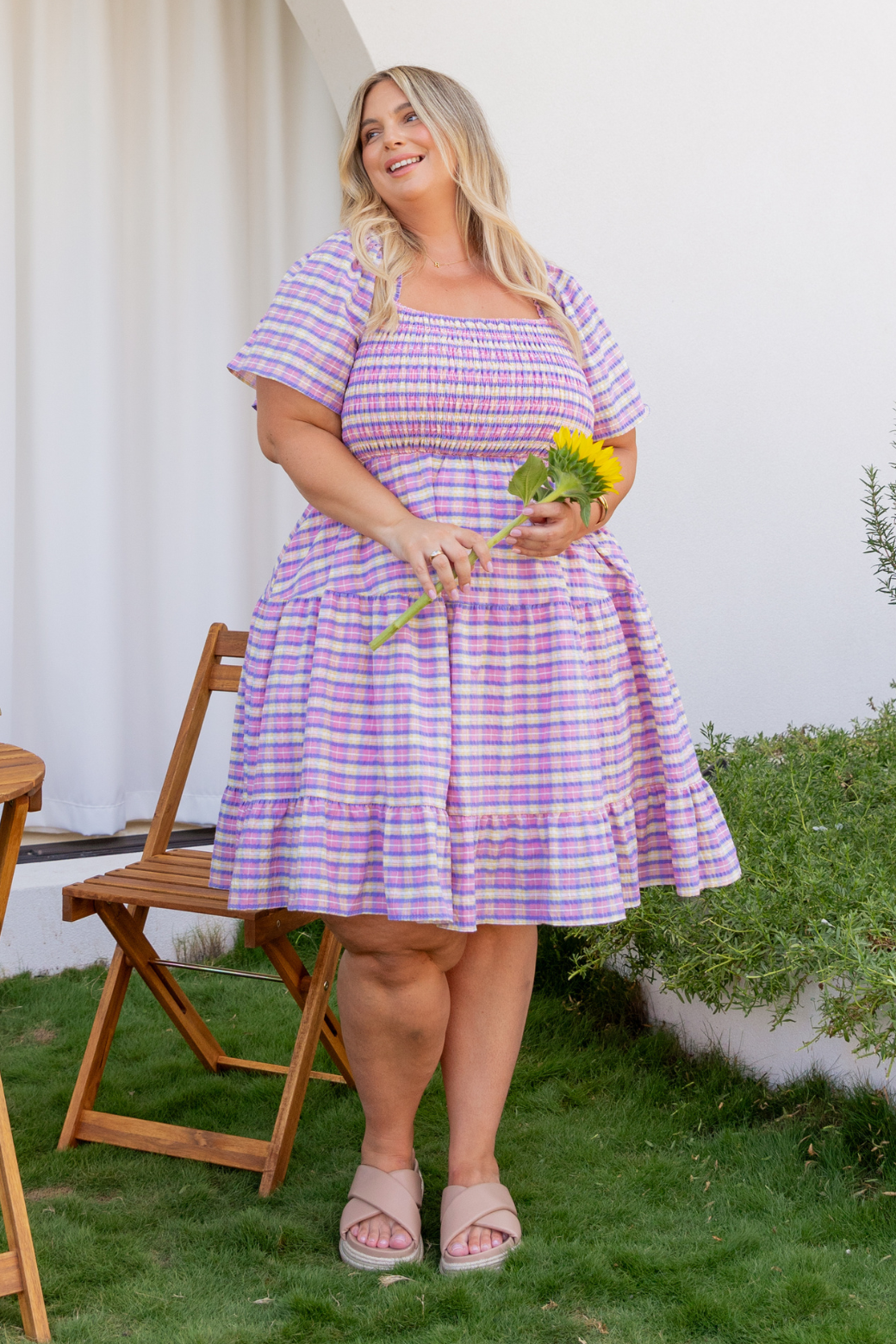 Tatum Shirred Dress Pink Plaid