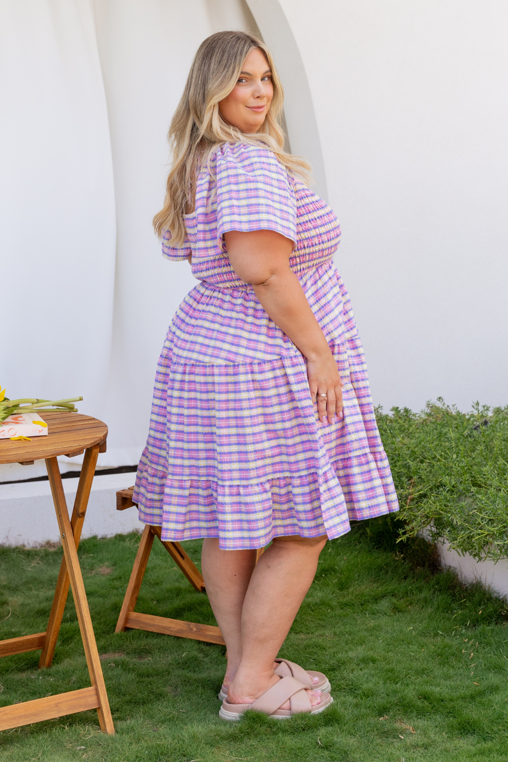 Tatum Shirred Dress Pink Plaid