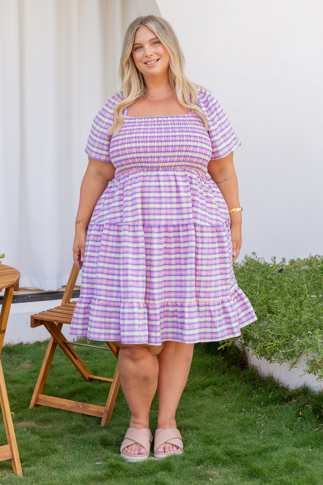 Tatum Shirred Dress Pink Plaid