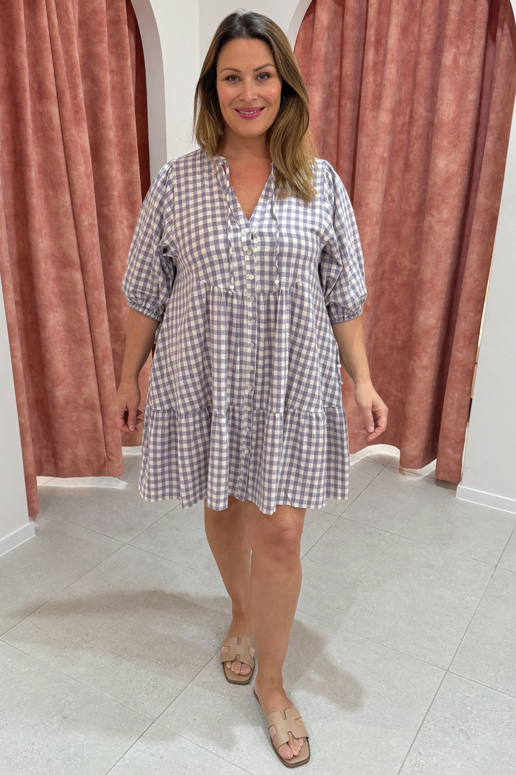 Taylah Dress Heather Grape Gingham