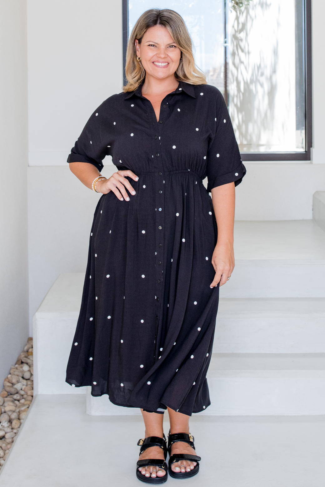 Theresa Midi Dress Black White Mini Spot