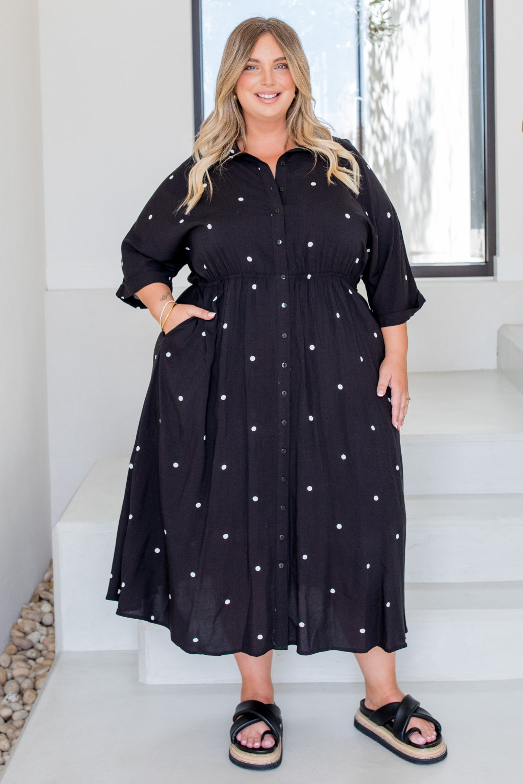 Theresa Midi Dress Black White Mini Spot