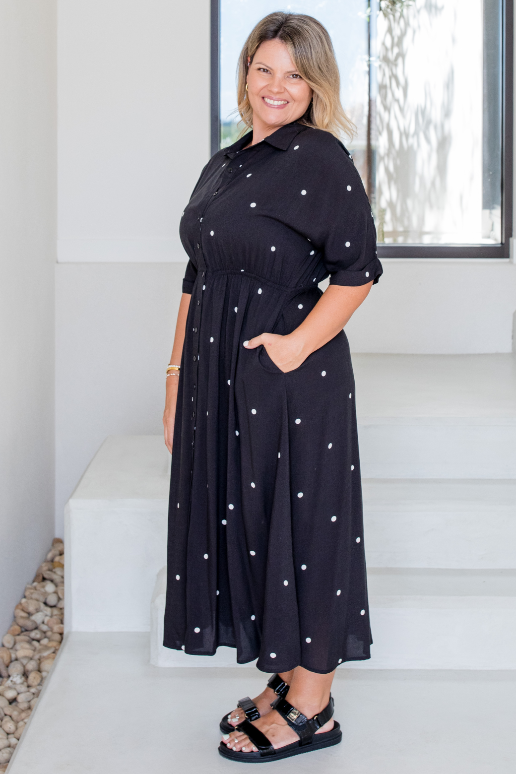 Theresa Midi Dress Black White Mini Spot