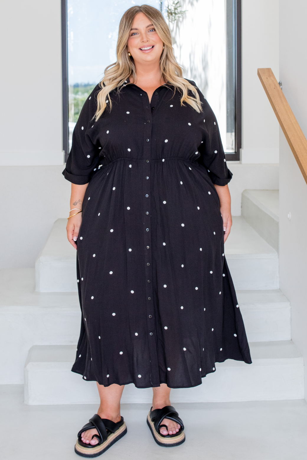 Theresa Midi Dress Black White Mini Spot