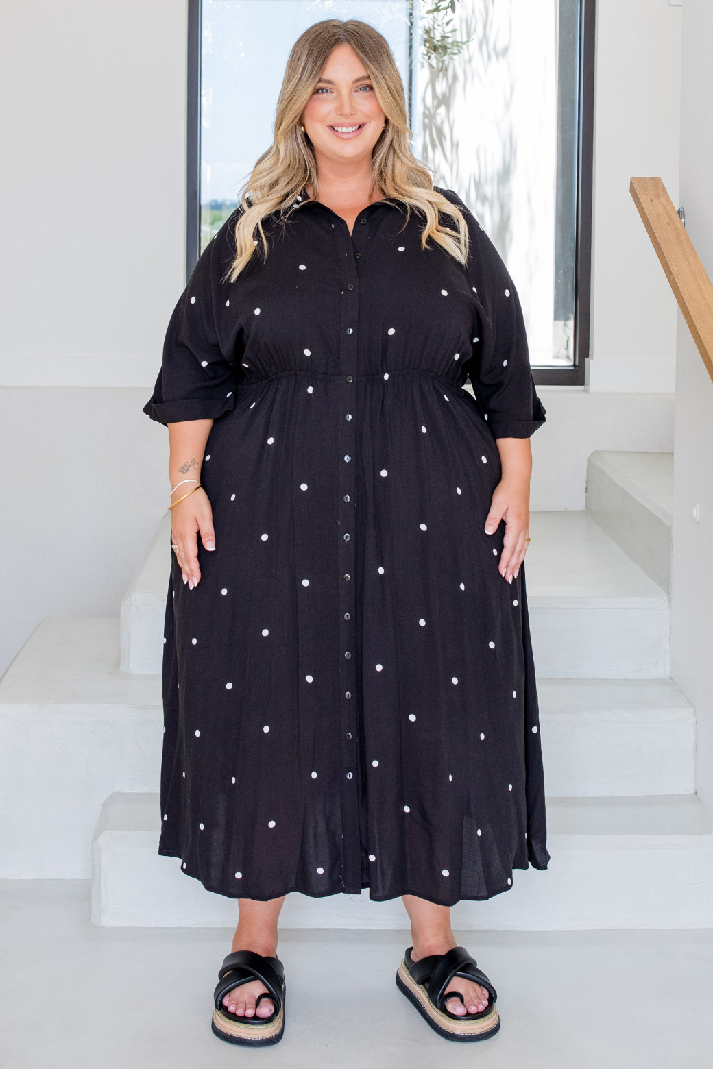 Theresa Midi Dress Black White Mini Spot
