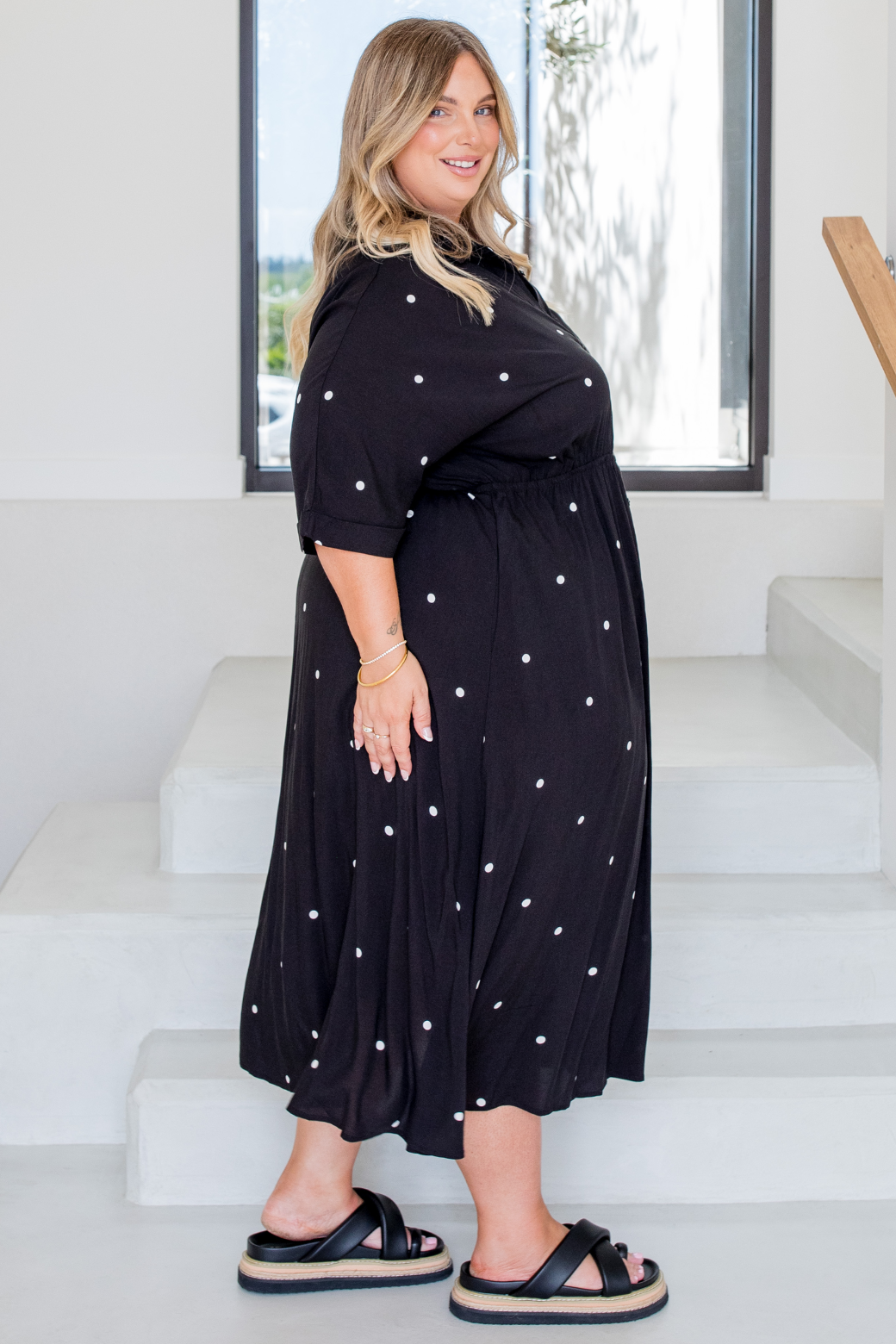Theresa Midi Dress Black White Mini Spot