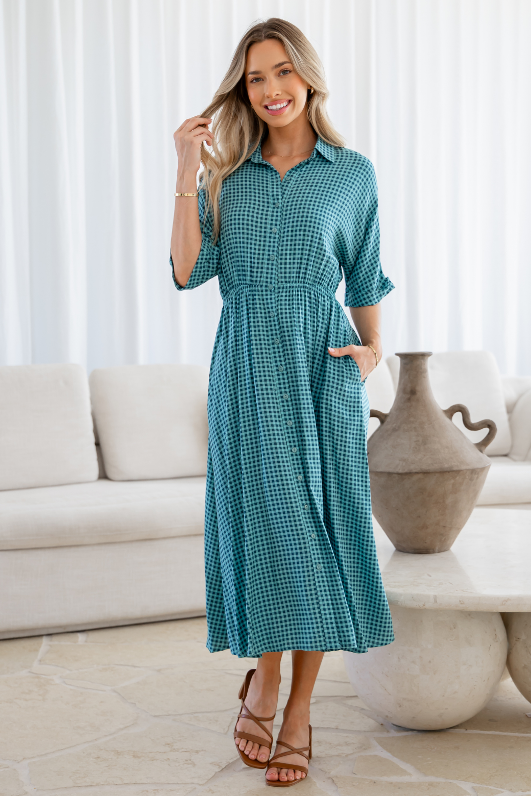 Theresa Midi Dress Teal Gingham