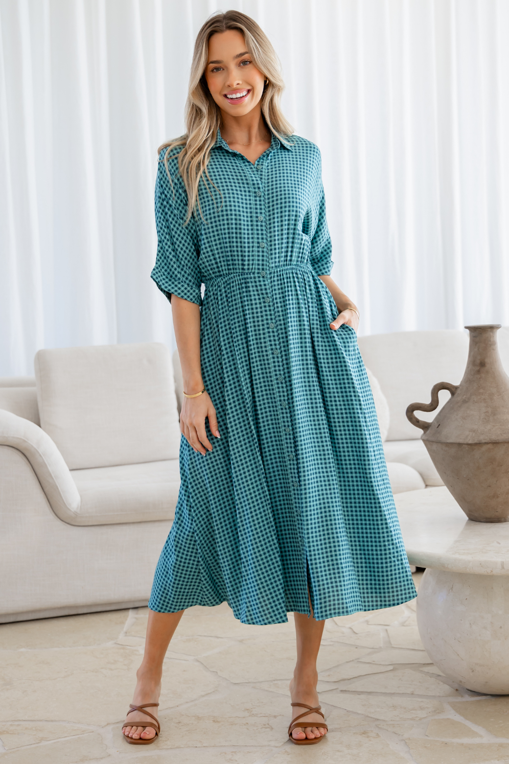 Theresa Midi Dress Teal Gingham
