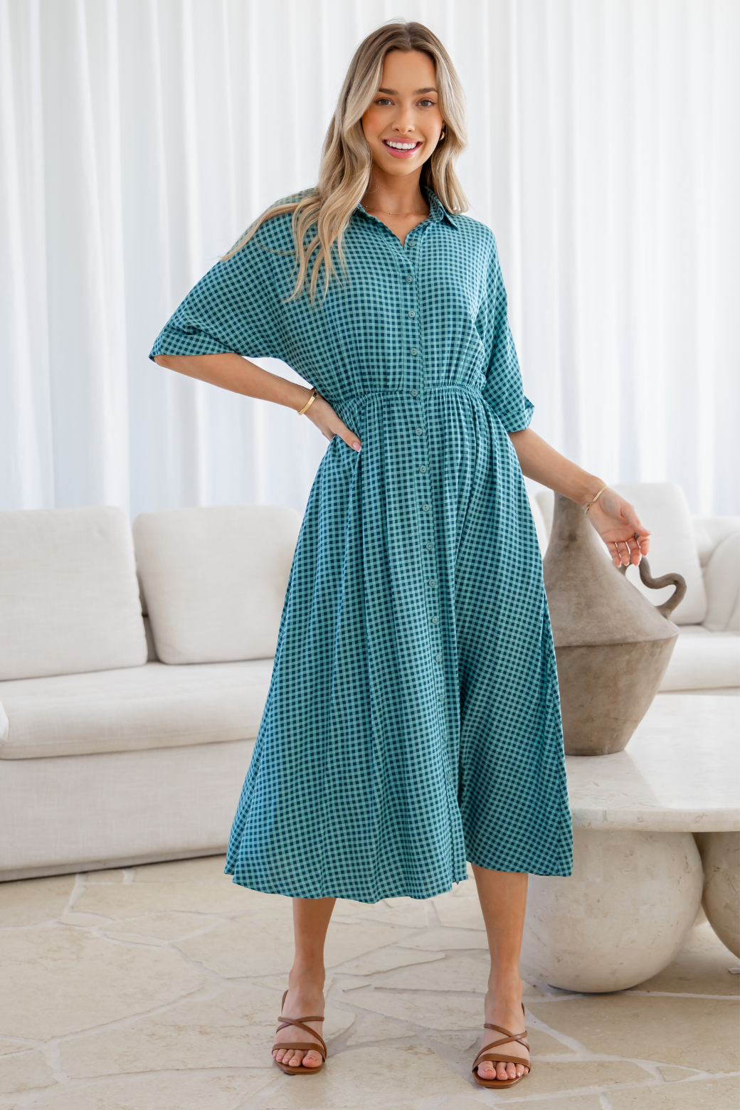 Theresa Midi Dress Teal Gingham