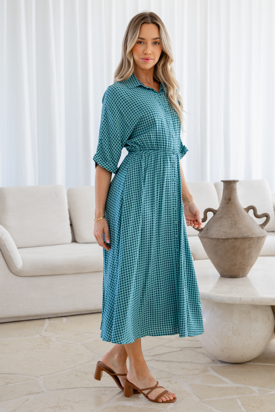 Theresa Midi Dress Teal Gingham