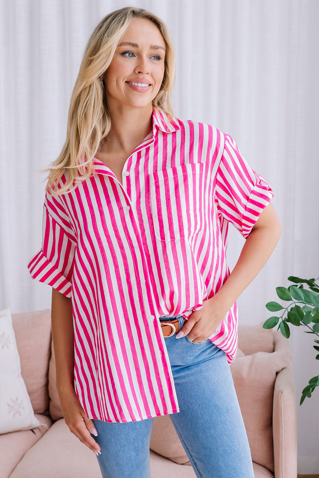 Final Sale |Tori Blouse Pink White Stripe