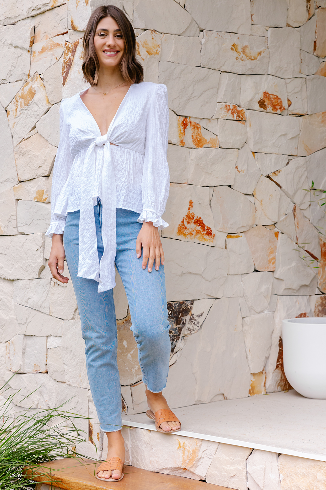 FINAL SALE | Sass Violet Puff Sleeve Faux Wrap Top White