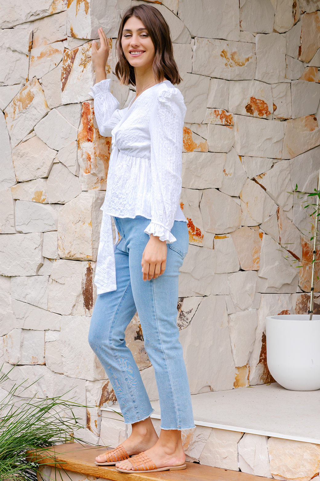 FINAL SALE | Sass Violet Puff Sleeve Faux Wrap Top White