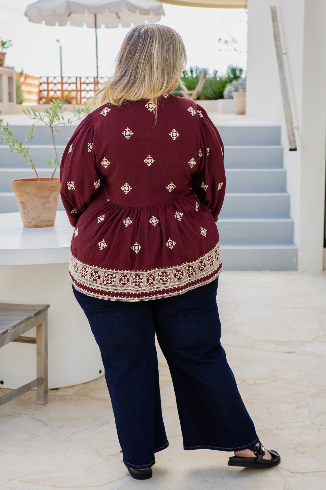 Vivienne Embroidered Smock Top Burgundy