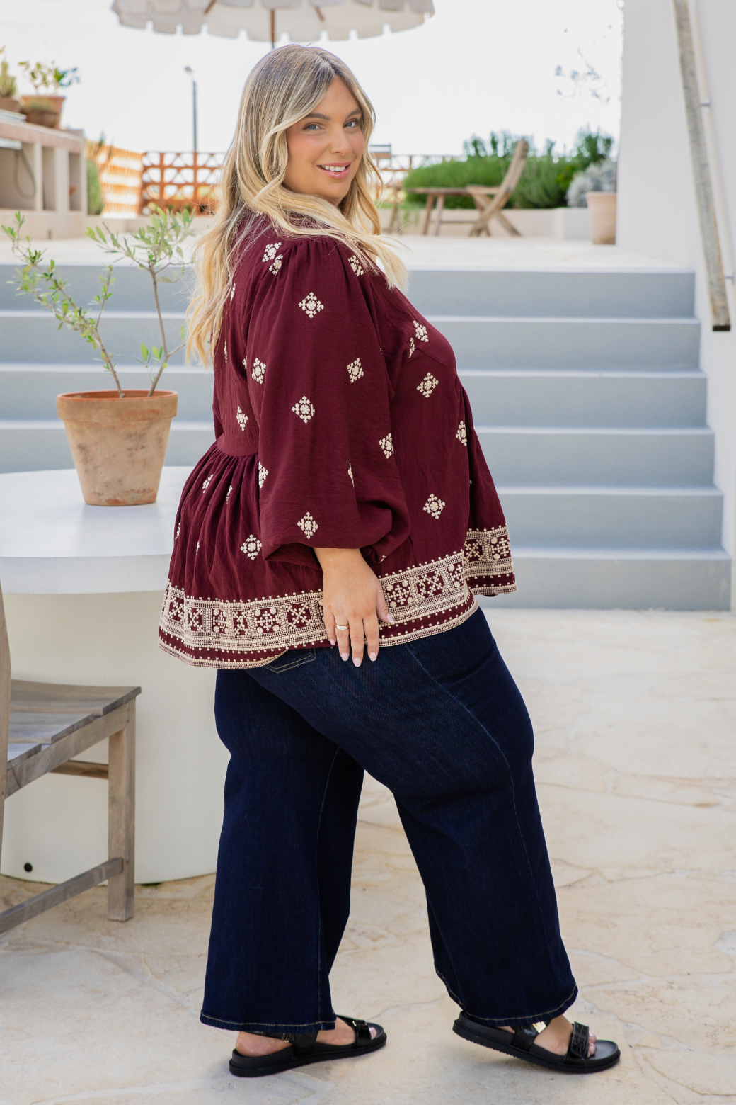 Vivienne Embroidered Smock Top Burgundy