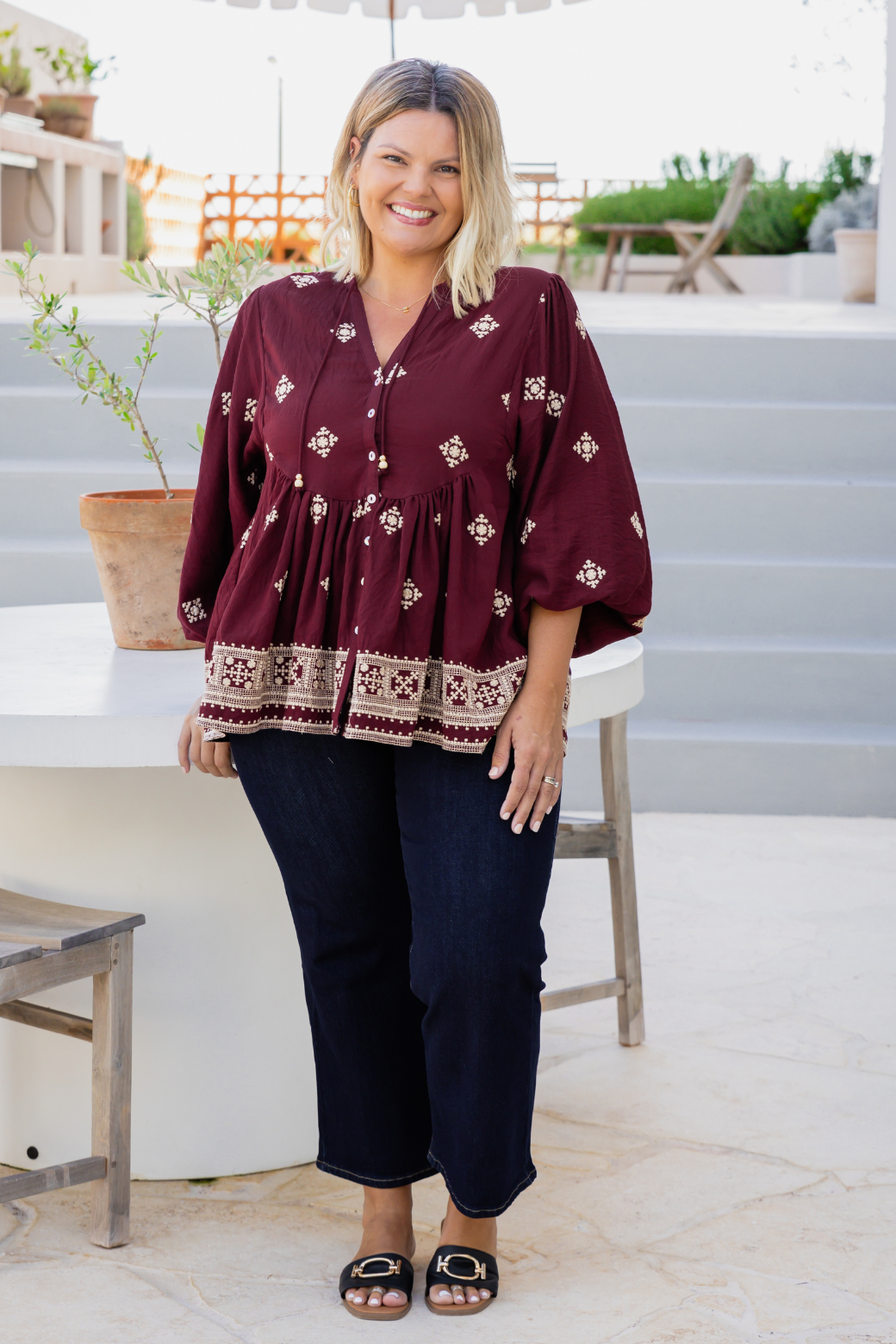 Vivienne Embroidered Smock Top Burgundy